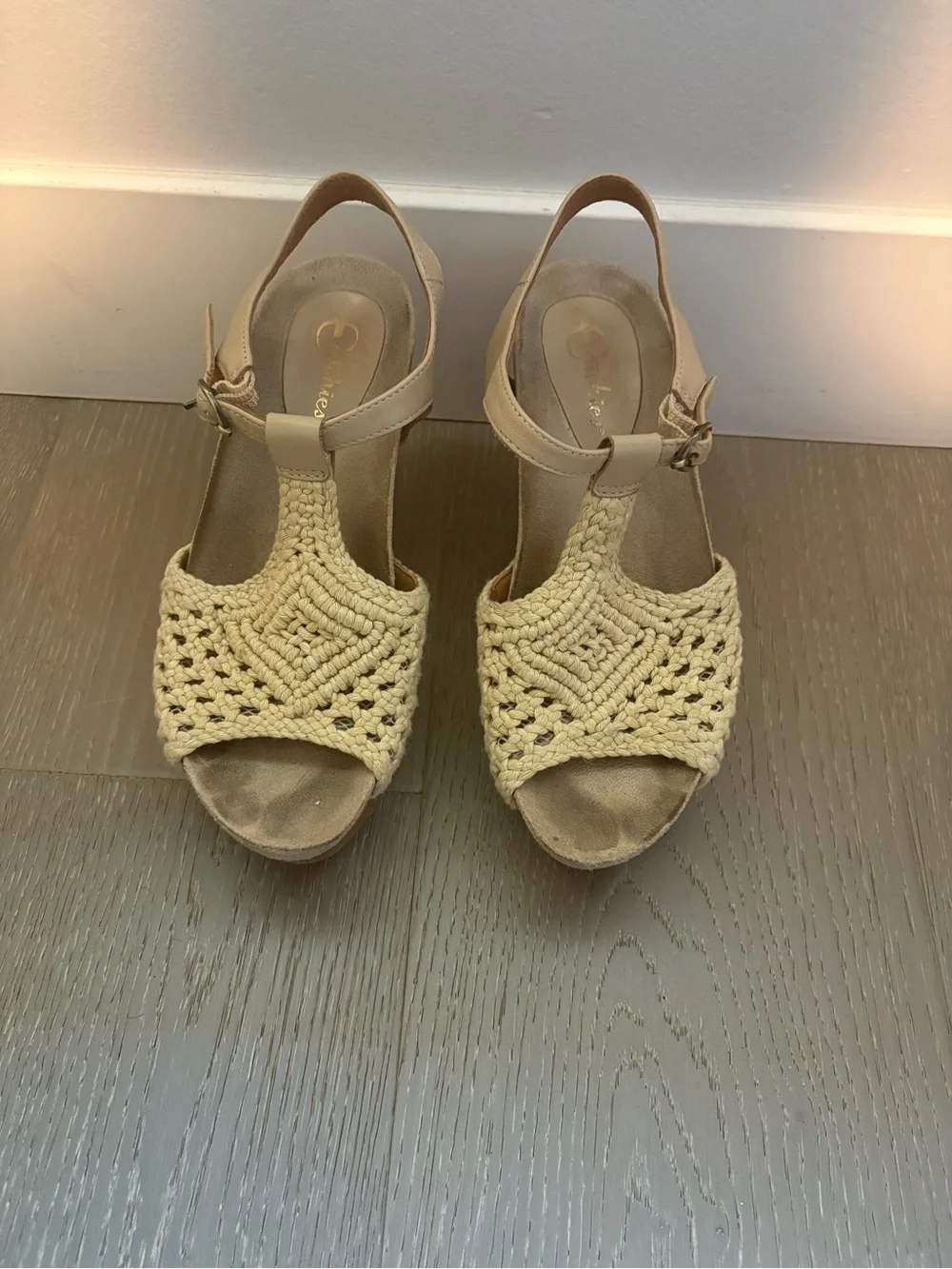 Women’s Vintage Cream Crochet T-Strap Platform Sandals
